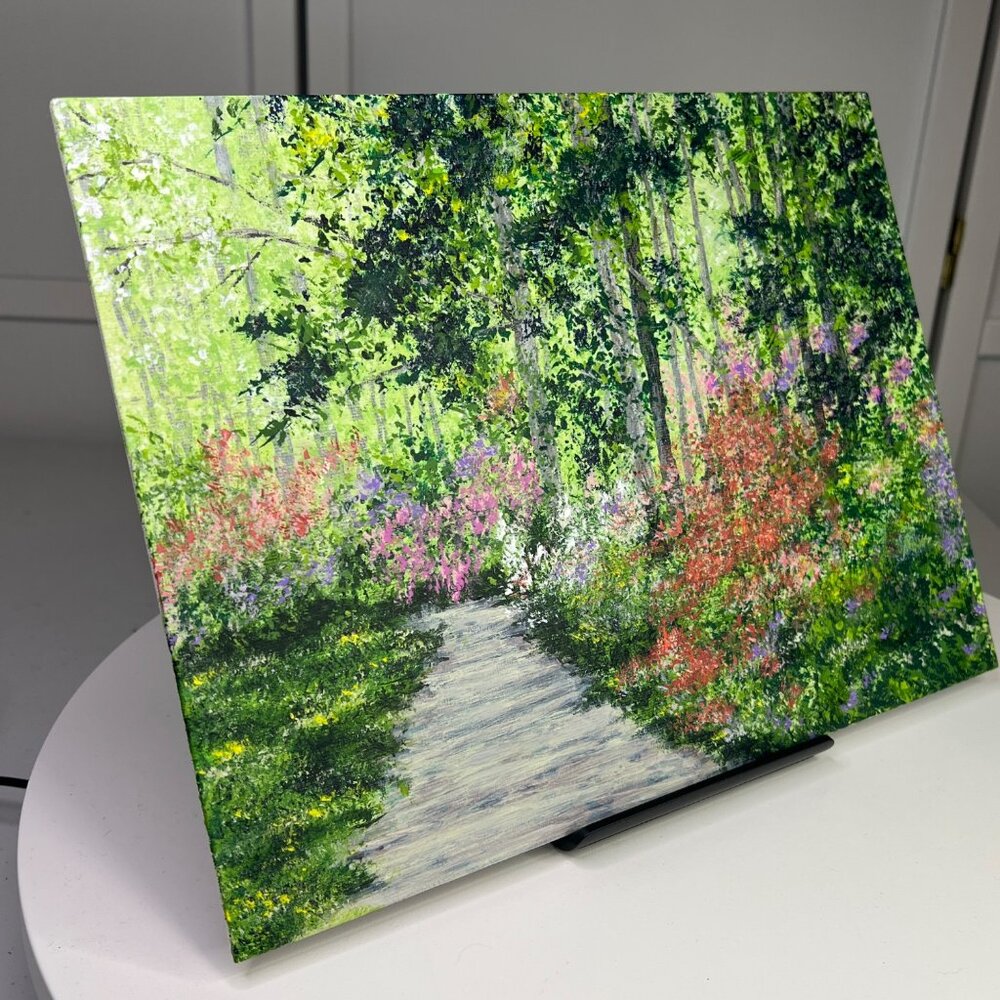 First Blooms Of Spring Acrylic Painting Woodland Path Scene, 9" X 12", Unframed - Picture 3 of 6